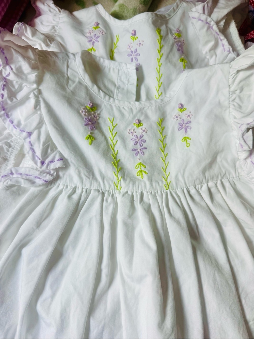 Proper peony White Cotton Dress with Lavender Lime Floral Embroidery sister set